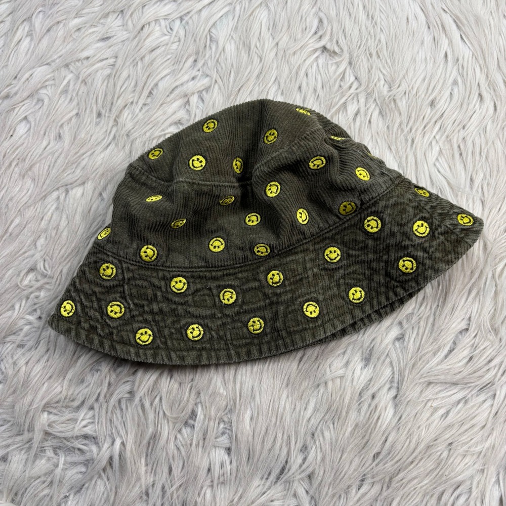 Urban Outfitters Women's OS Green Corduroy Embroidered Happy Face Bucket Hat